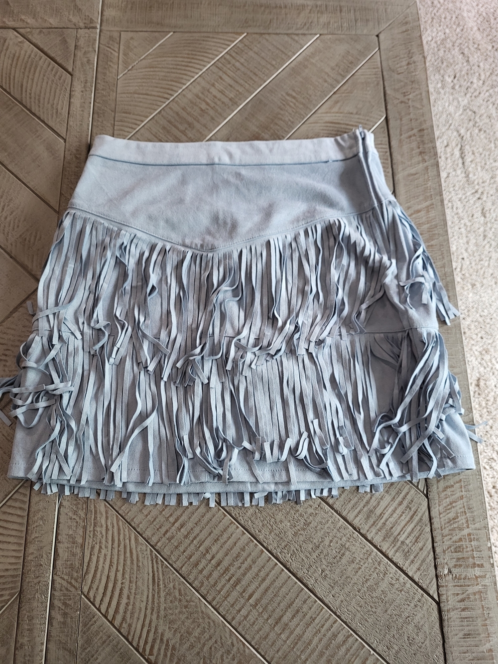 Francesca's Collections Light Blue Faux Suede Fringe Mini Skirt